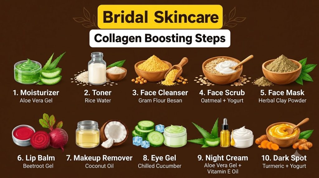 An infographic showing 10 numbered steps for bridal skincare collagen boosting with illustrations of natural ingredients