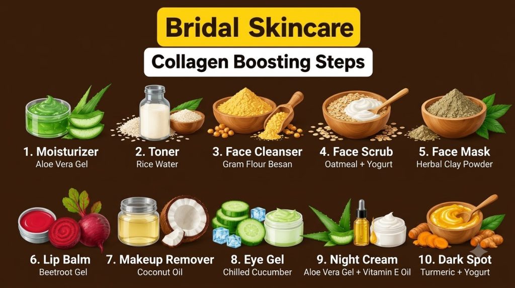 An infographic titled Bridal Skincare Collagen Boosting Steps showing 10 natural beauty recipes each with illustrations 