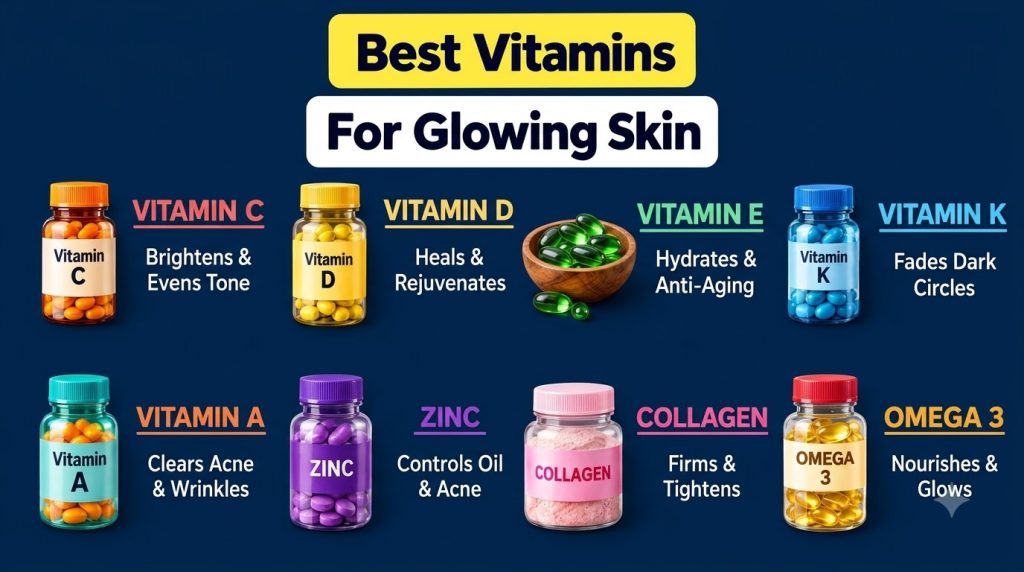 An infographic showing various vitamin bottles and supplements like Vitamin C D K A Zinc Collagen powder Omega 3 and Vit