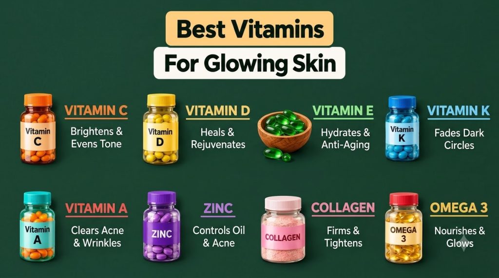 An infographic on a dark green background titled Best Vitamins For Glowing Skin showing bottles or capsules of Vitamin C