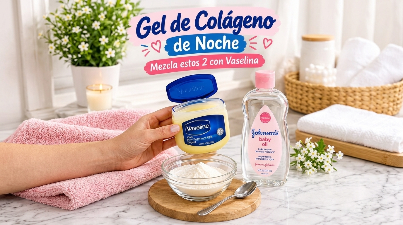 Ingredients for a DIY collagen night gel including Vaseline baby oil and collagen powder in clear containers on a marble