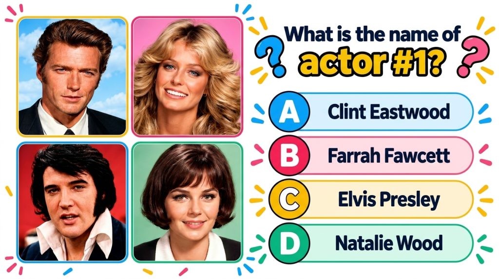 A multi-panel quiz featuring four iconic celebrity portraits Clint Eastwood top-left Farrah Fawcett top-right Elvis Pres