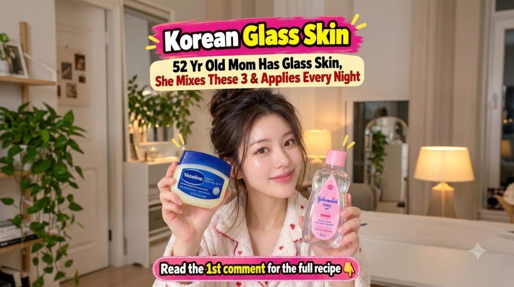 A smiling East Asian woman holding a jar of Vaseline and a bottle of Johnson s baby oil promoting a Korean Glass Skin be
