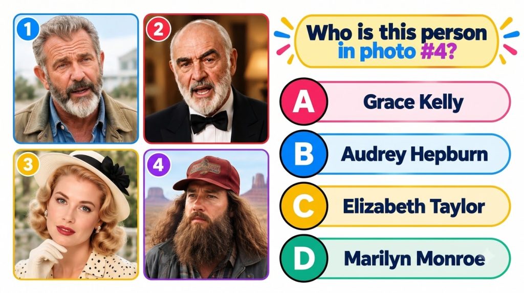 A quiz graphic with four celebrity headshots Mel Gibson Sean Connery Grace Kelly and Tom Hanks asking Who is this actor