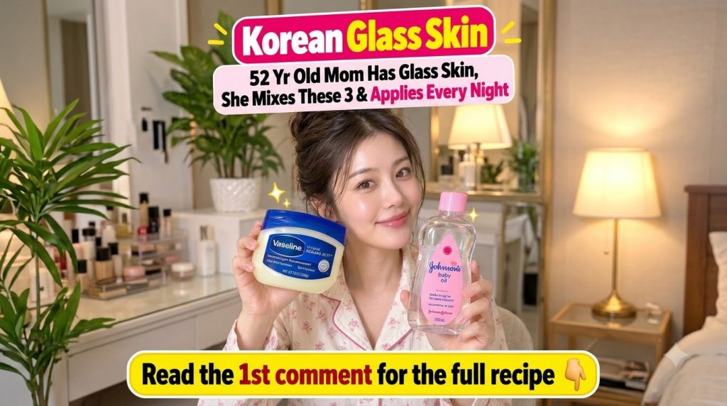 A woman with glowing glass skin holding Vaseline and Johnson s Baby Oil smiling