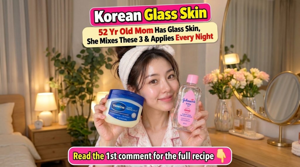 A woman with glowing skin smiling and holding a tub of Vaseline and a bottle of Johnson s Baby Oil wearing pink floral p