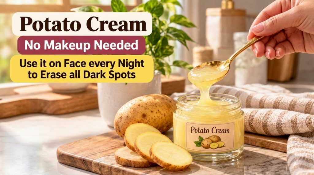 A close-up shot of a small elegant glass jar filled with a thick yellowish potato cream A golden spoon is scooping out a
