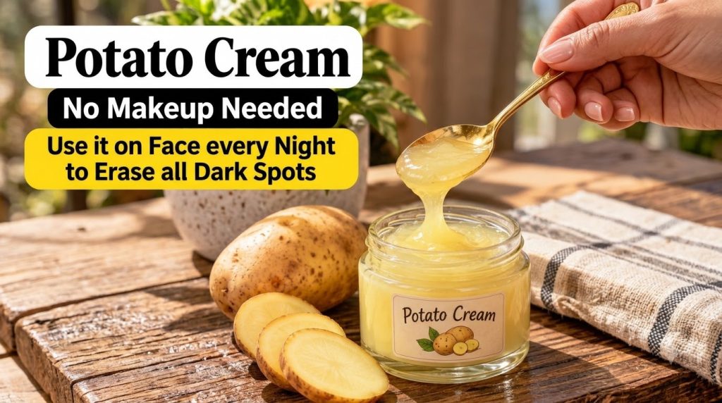 A glass jar of thick viscous Potato Cream being scooped by a golden spoon A whole potato and sliced potatoes are on a ru