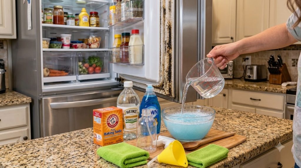 A person s hand pouring water into a bowl with a blue soapy mixture surrounded by baking soda vinegar and dish soap bott