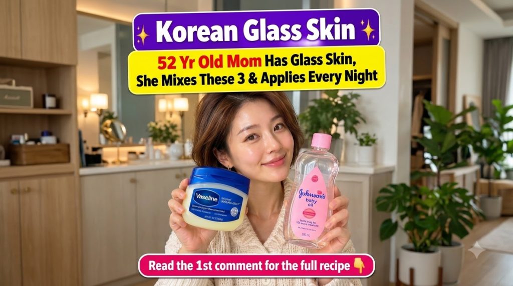 A smiling woman with clear radiant skin holding a tub of Vaseline Healing Jelly and a bottle of Johnson s Baby Oil with 