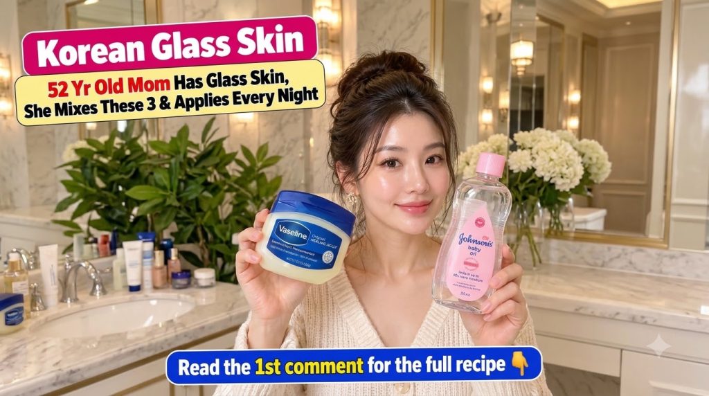A young woman with radiant glass skin smiling holding a tub of Vaseline Original Healing Jelly and a bottle of Johnson s