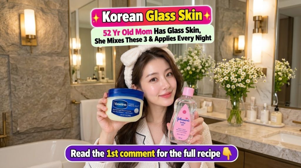 A young woman with a radiant glass skin complexion smiling while holding a tub of Vaseline and a bottle of Johnson s bab