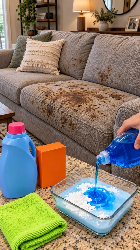 A close-up of a hand pouring blue liquid from a bottle into a glass dish containing white powder and a light blue soluti