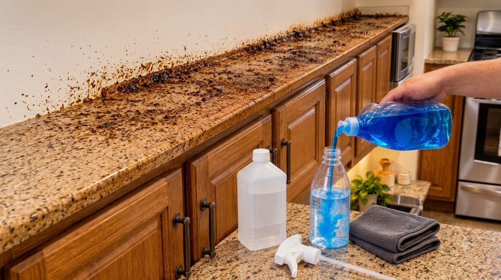 A kitchen scene with a very dirty countertop on one side and a clean section on the other On the clean side cleaning sup