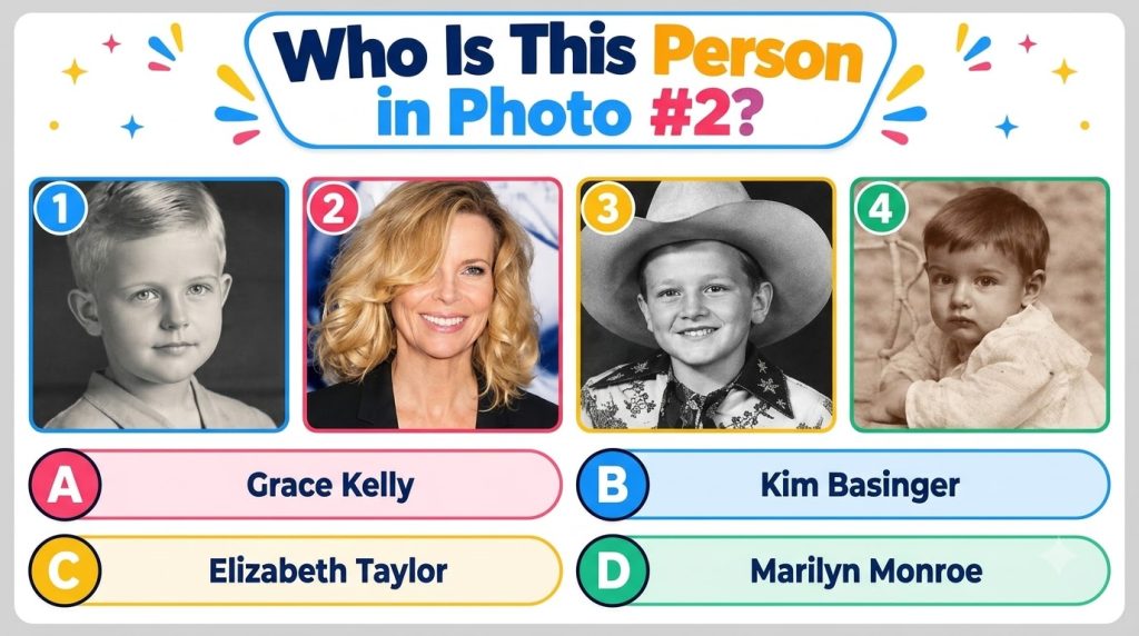 A quiz graphic showing a vibrant color portrait of a smiling woman with blonde curly hair Below the image are four multi