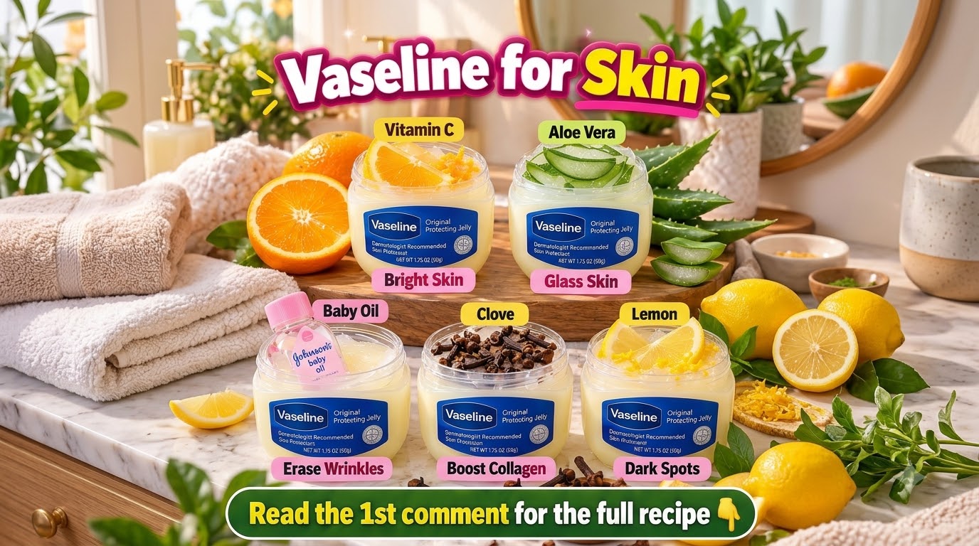 Six open jars of Vaseline each infused with natural ingredients like orange aloe vera baby oil cloves and lemon displaye