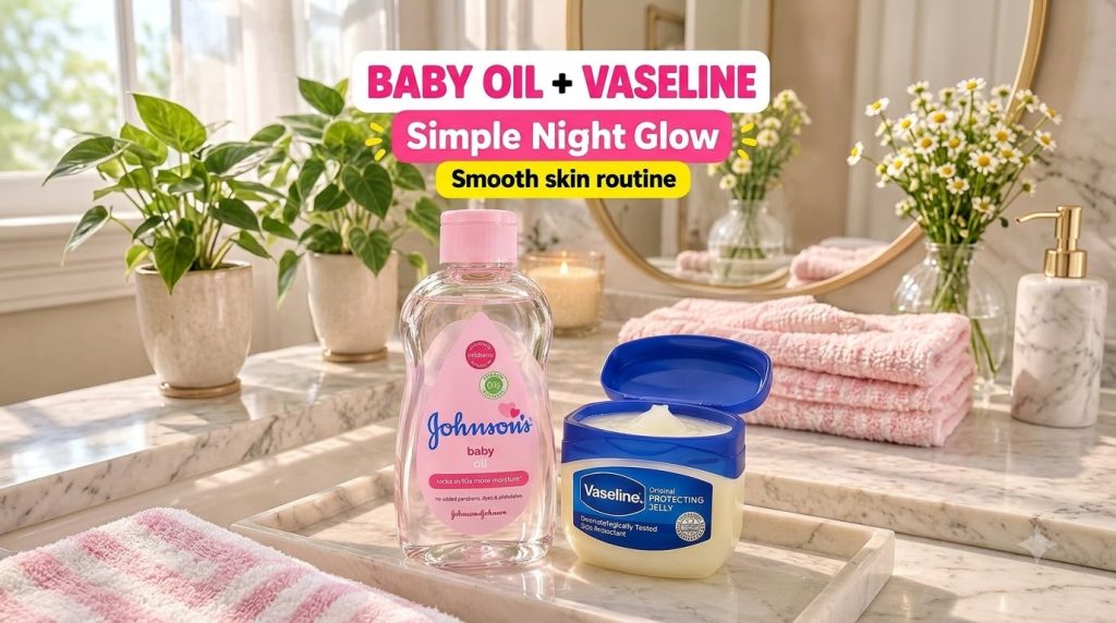 A Johnson s Baby Oil bottle and an open jar of Vaseline Original Protecting Jelly on a glossy marble surface in a soft-f