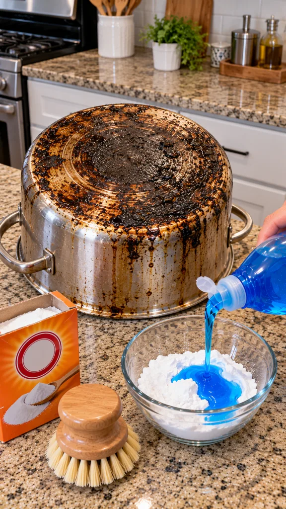 A close-up of a kitchen countertop showing an upside-down burnt stainless steel pot a box of baking soda a scrub brush a