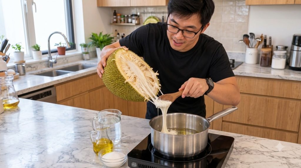 A man in a kitchen carefully extracting stringy white jackfruit pulp with a wooden spoon from a halved jackfruit The pul