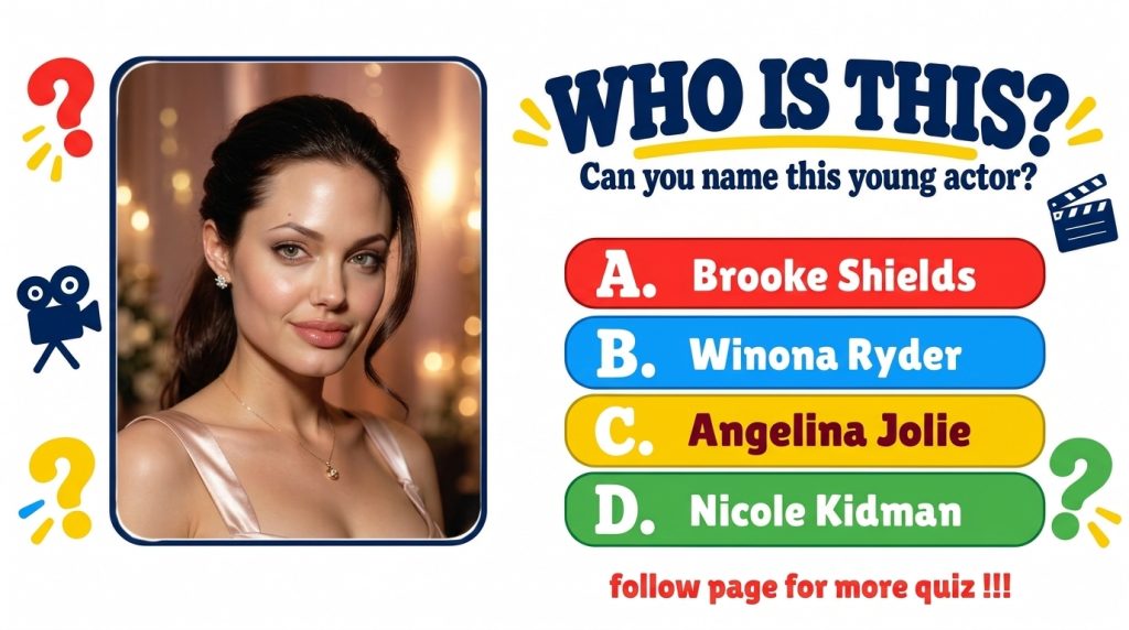 A quiz graphic featuring a central portrait of a young Angelina Jolie with text WHO IS THIS and multiple-choice options