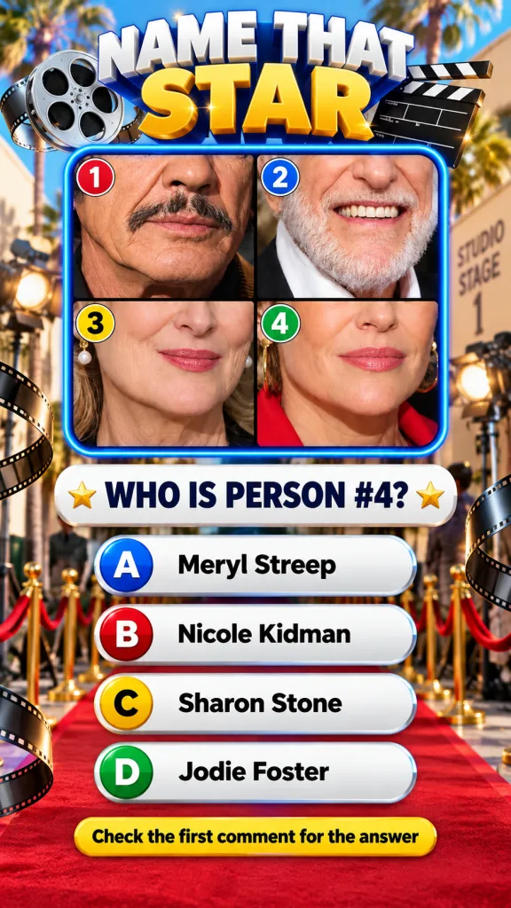 A celebrity quiz with four cropped close-ups of celebrity mouths and chins asking to identify Person 4 against a glamoro