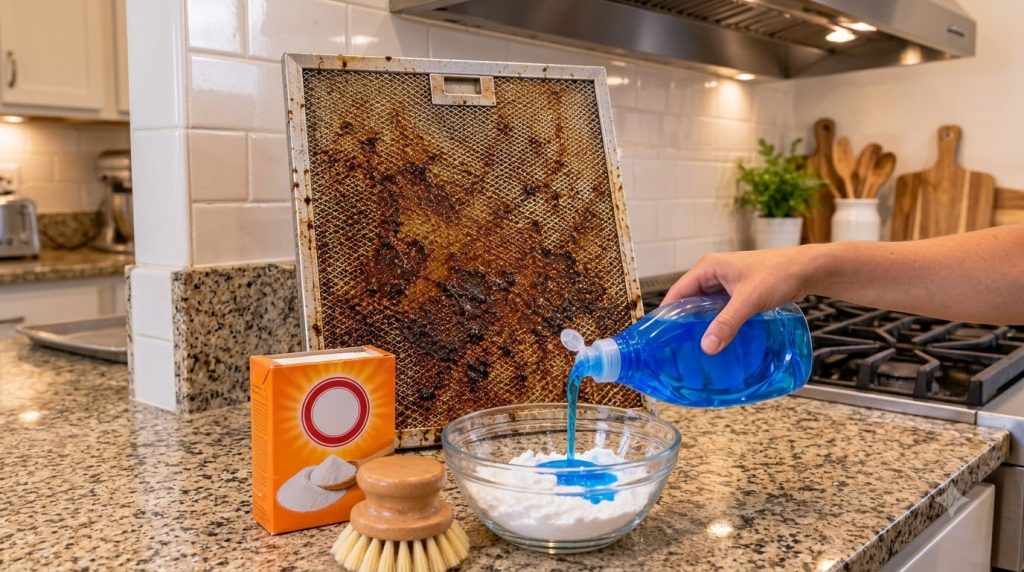 A heavily soiled kitchen range hood filter on a granite countertop with a box of baking soda a scrubbing brush and a han