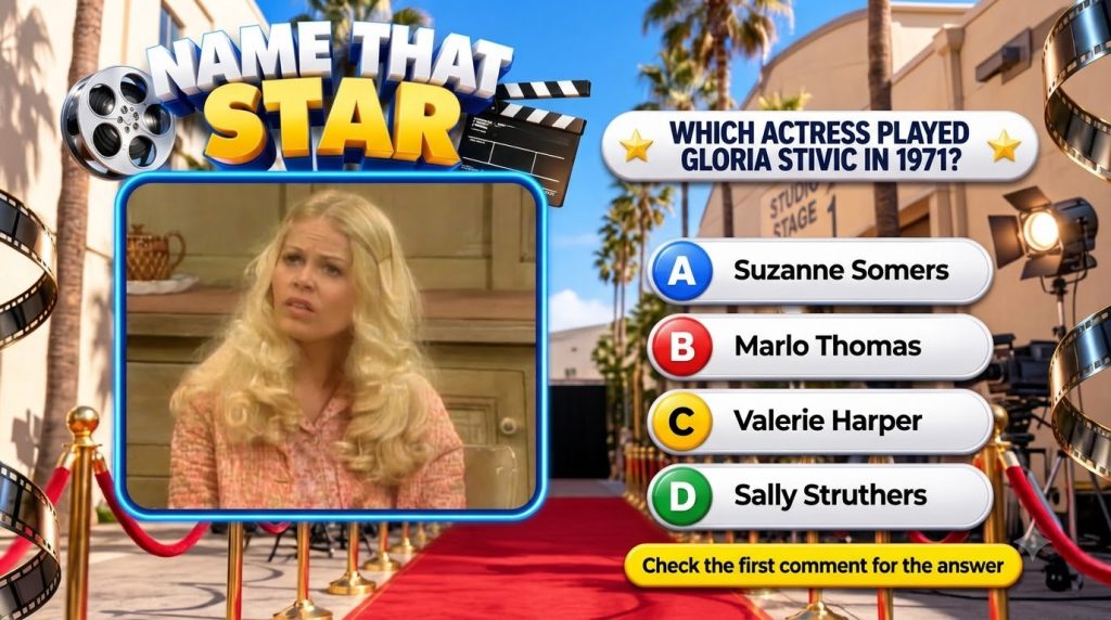 A Name That Star quiz screen featuring a vintage headshot of a blonde woman with long curly hair in a framed inset with