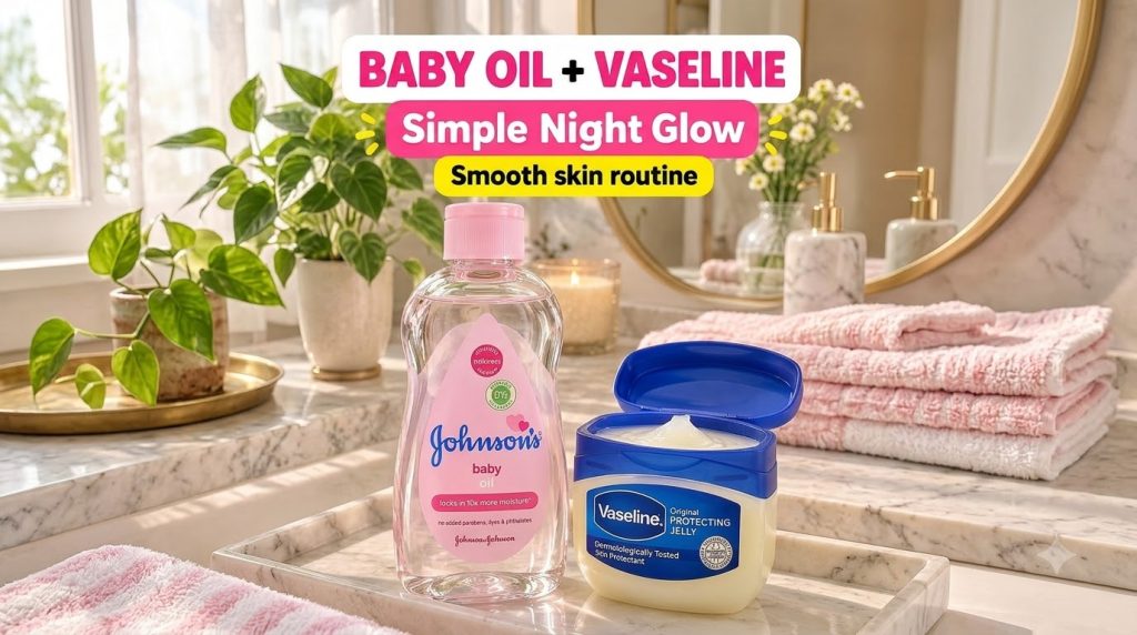 A serene bathroom setting with a bottle of Johnson s Baby Oil and an open jar of Vaseline Original Protecting Jelly on a