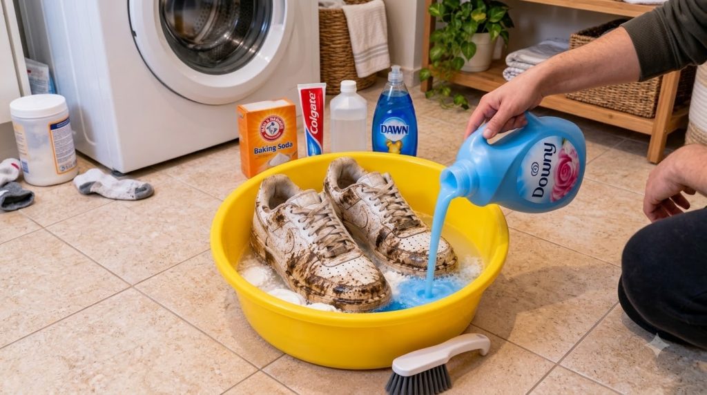 Two mud-stained white sneakers soaking in a yellow basin with a hand pouring blue fabric softener into the water surroun