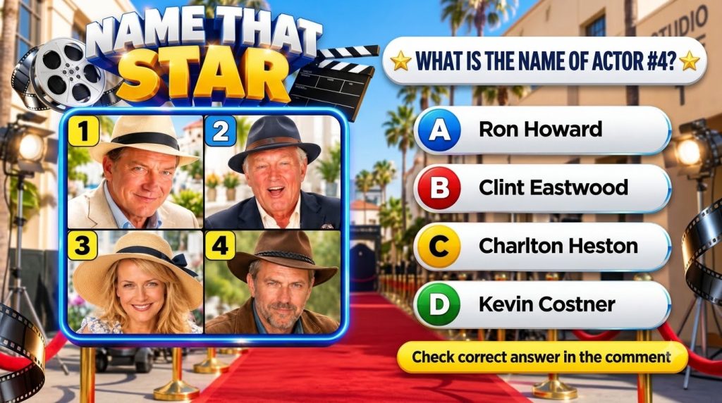 A game-show style mobile quiz screen with a red carpet background displaying four celebrity headshots and prompting user