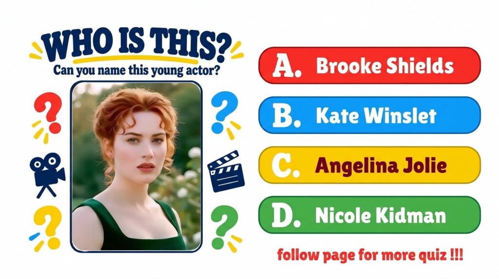 A retro-style quiz poster asking WHO IS THIS with a framed portrait of a young Kate Winslet with reddish-brown hair wear