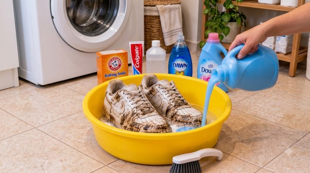 Two heavily mud-splattered white sneakers are soaking in a yellow basin filled with water and white cleaning powder A ha
