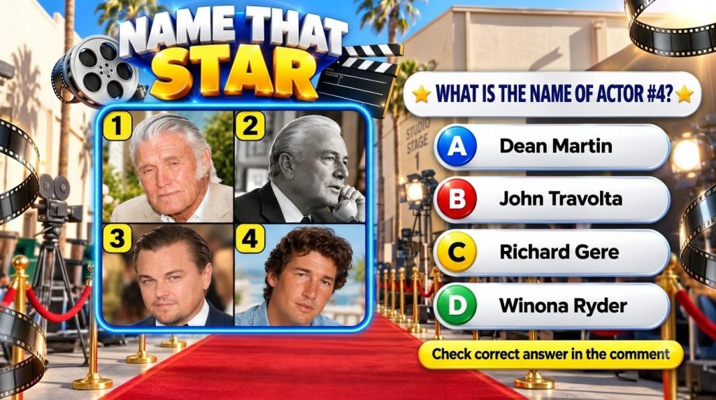 A mobile game-style quiz featuring four celebrity headshots in a grid a multiple-choice question about Actor 4 and answe
