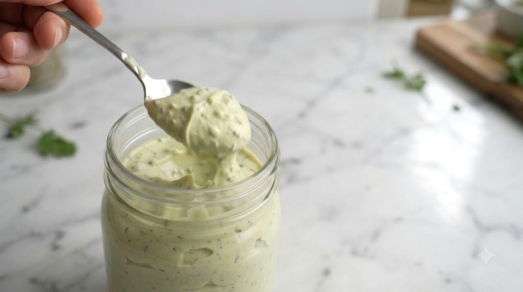 Cuchara levantando una salsa verde cremosa con motas oscuras de un frasco de vidrio