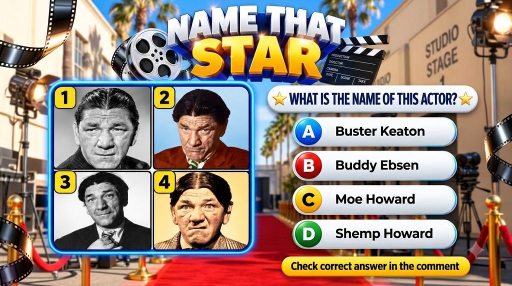 A Name That Star quiz featuring four portraits of Shemp Howard in a framed box over a stylized Hollywood background with