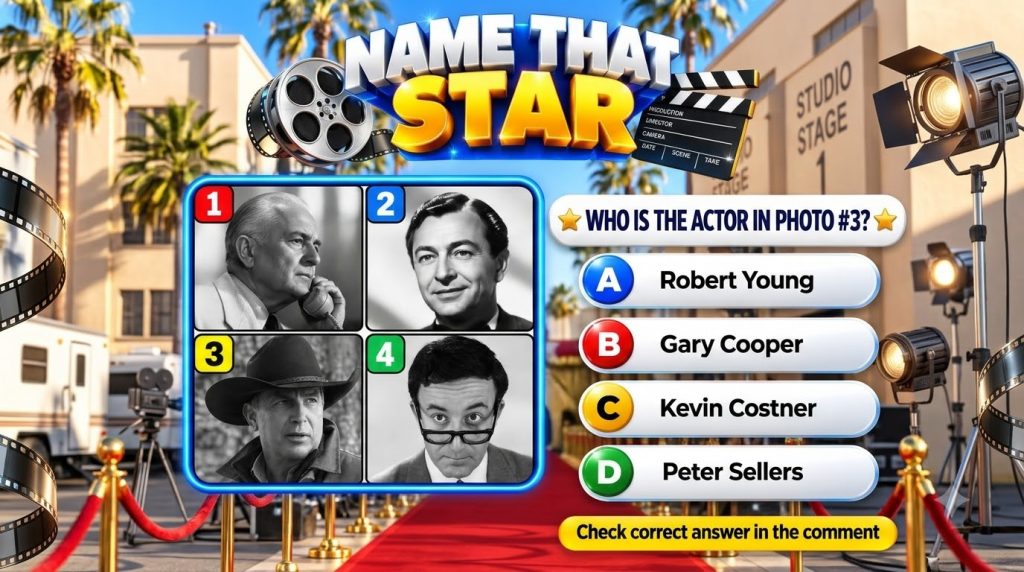 A mobile game-style quiz interface titled Name That Star featuring four black-and-white headshots of actors Robert Young