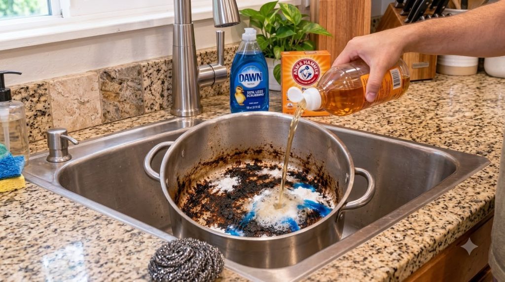 A burnt pot in a kitchen sink with white baking soda powder and blue dish soap on the charred surface and amber apple ci