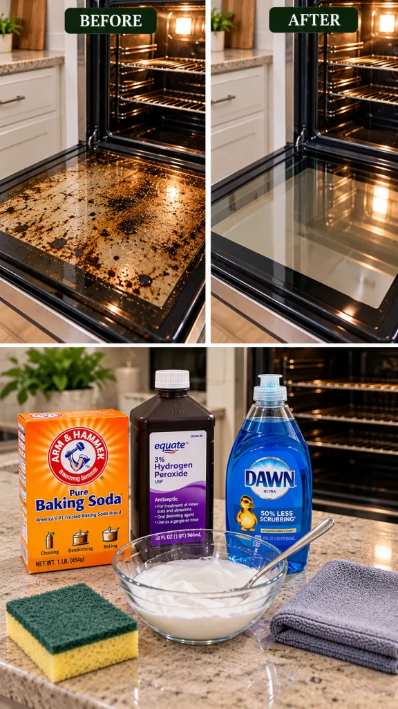 Before and after comparison of a dirty oven being cleaned with a DIY paste showing the cleaning ingredients used