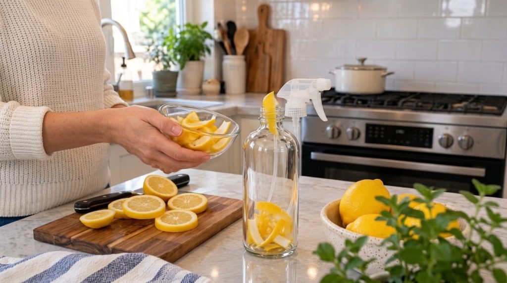 Hands are actively placing lemon peels into a clear glass spray bottle on a brightly lit kitchen counter Sliced lemons a