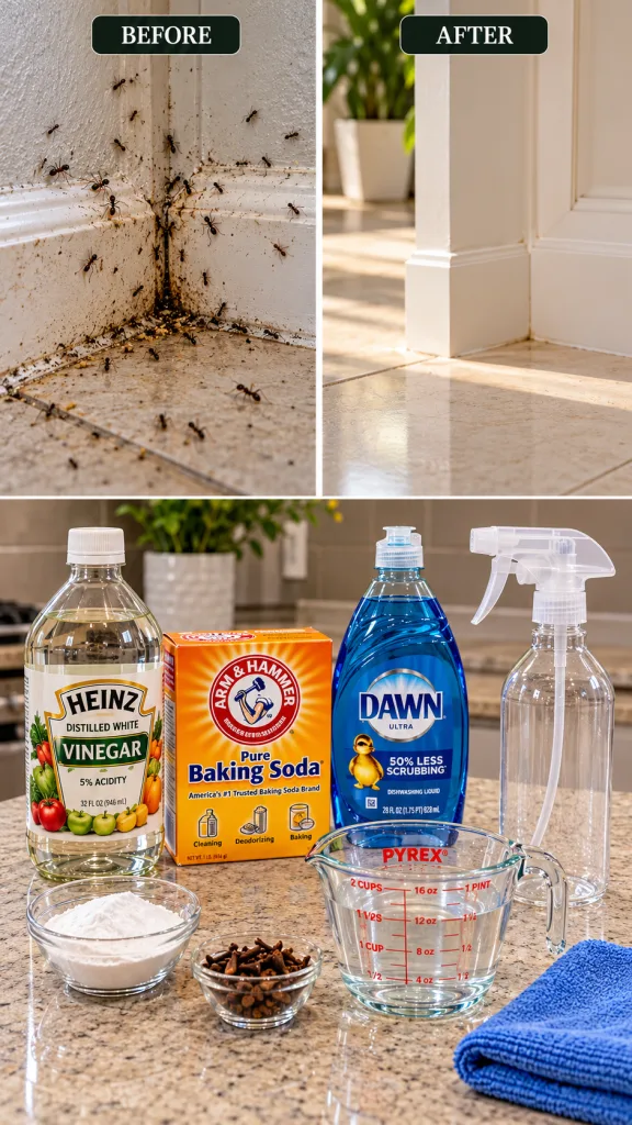 A vertical collage showing a kitchen corner with an ant infestation labeled BEFORE and the same corner clean and ant-fre