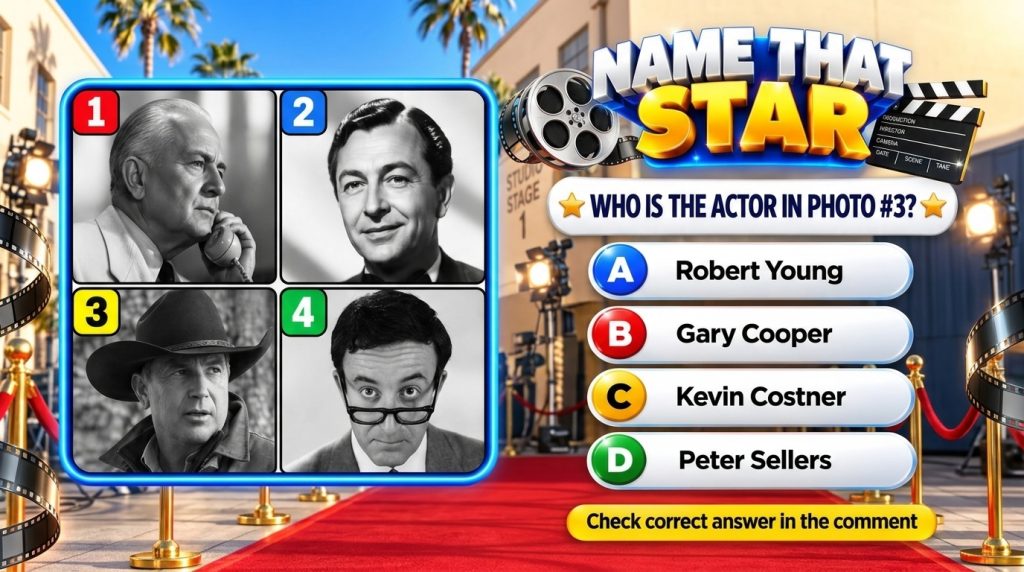 A Name That Star trivia game interface with four black-and-white portraits of actors against a red carpet backdrop with 