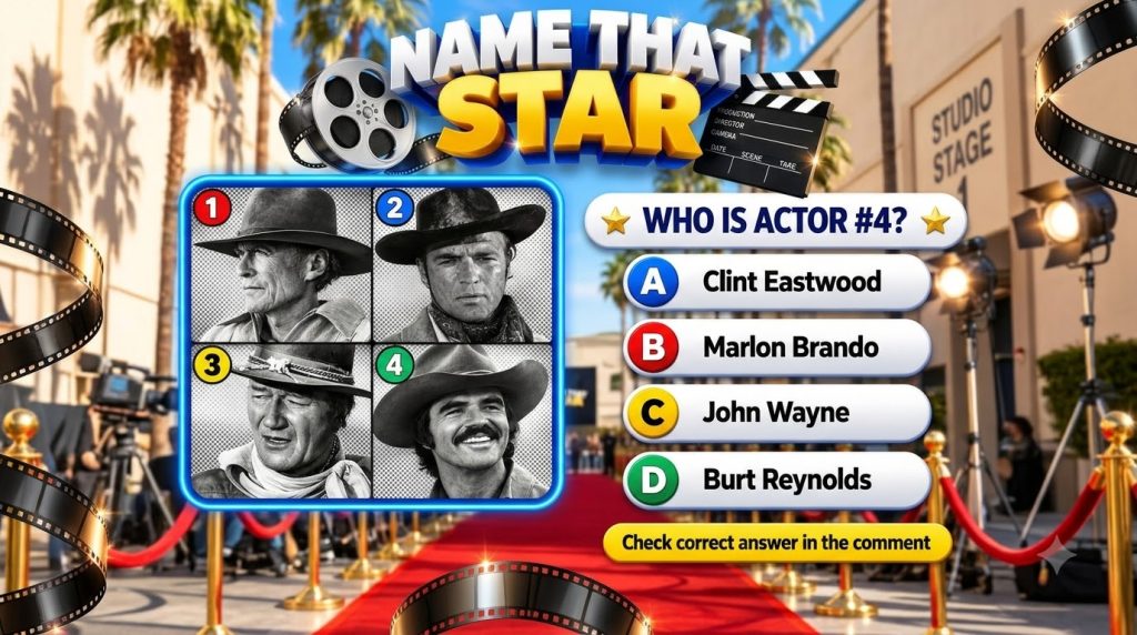 A vertical brightly lit Hollywood-themed quiz graphic with the title NAME THAT STAR featuring a four-panel grid of black