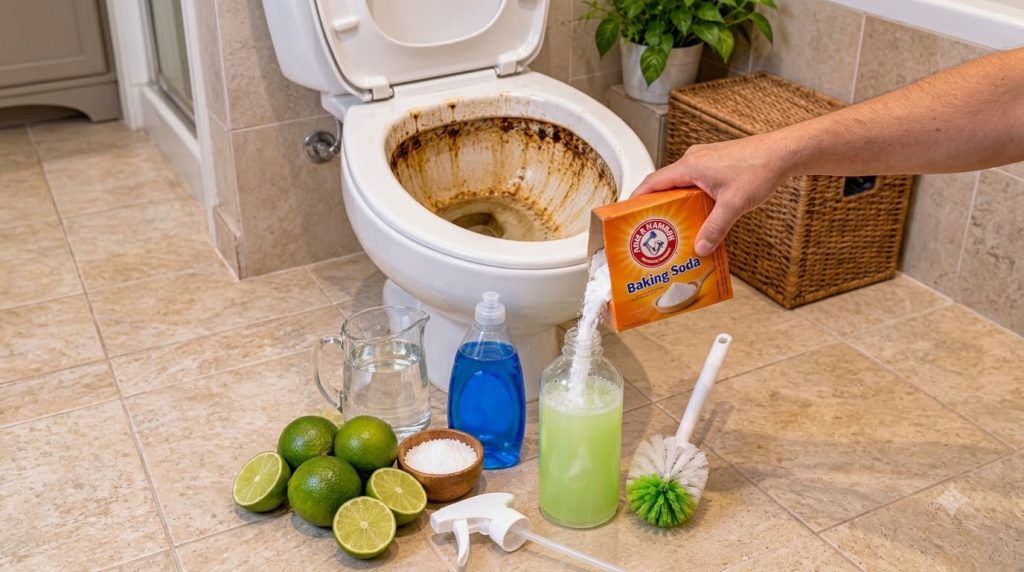 A hand pouring baking soda into a bottle with green liquid surrounded by limes salt and a toilet brush with a stained to