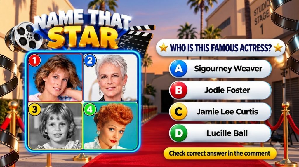 A vibrant mobile game interface titled Name That Star displaying four celebrity portraits with multiple-choice options f