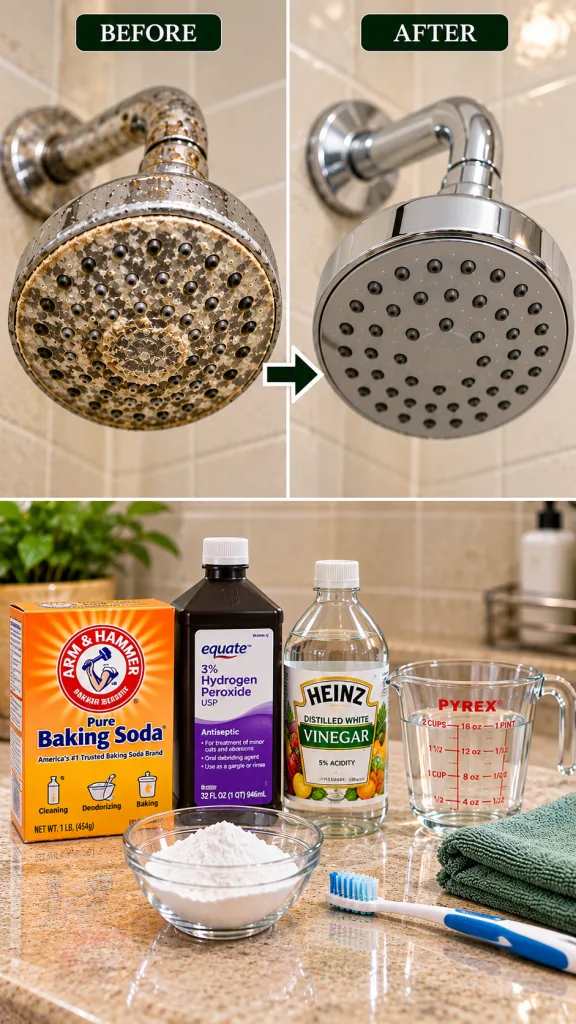 Before and after comparison of a shower head showing a limescale-covered BEFORE and a sparkling clean AFTER Below it the
