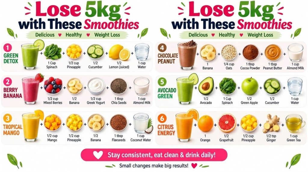 An infographic showing six different smoothie recipes each with a finished drink and all its ingredients laid out in a c