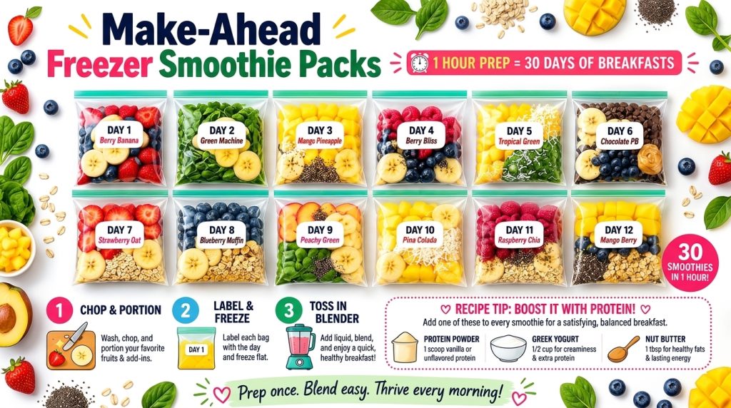 An infographic showing 12 clear freezer bags each pre-portioned with colorful fruits vegetables and seeds for different 