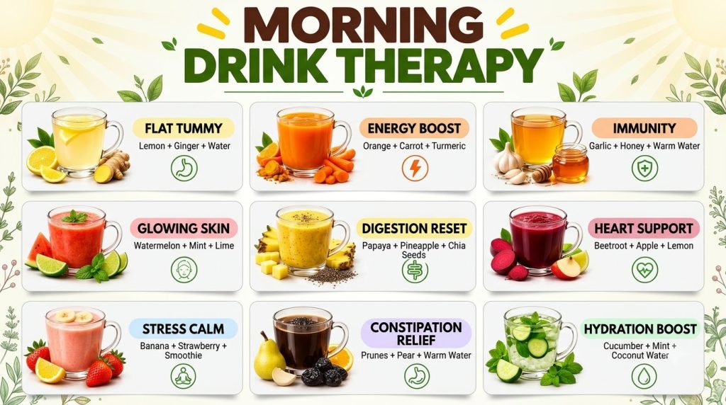 An infographic-style grid showcasing nine different healthy morning drink recipes in clear glass mugs each surrounded by