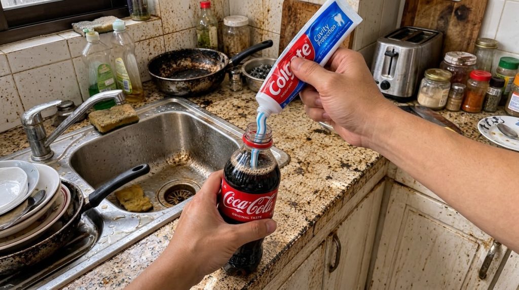 Hands combining Colgate toothpaste and Coca-Cola in a kitchen with a dirty sink and pan in the background