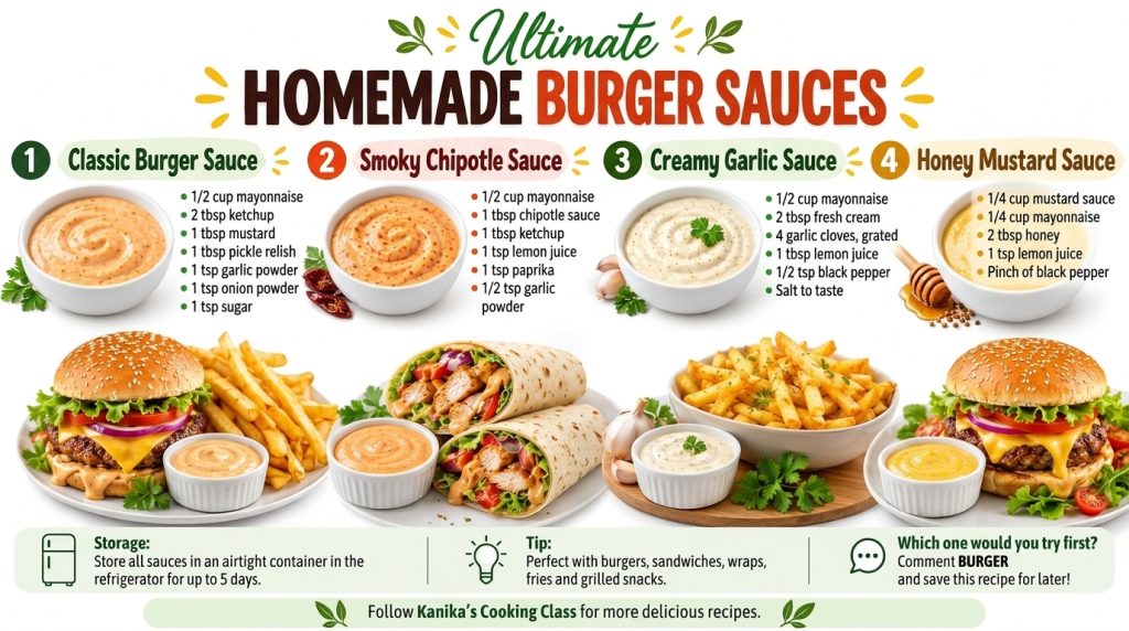An infographic-style image showing four different homemade burger sauces in white bowls each with its recipe and a compl